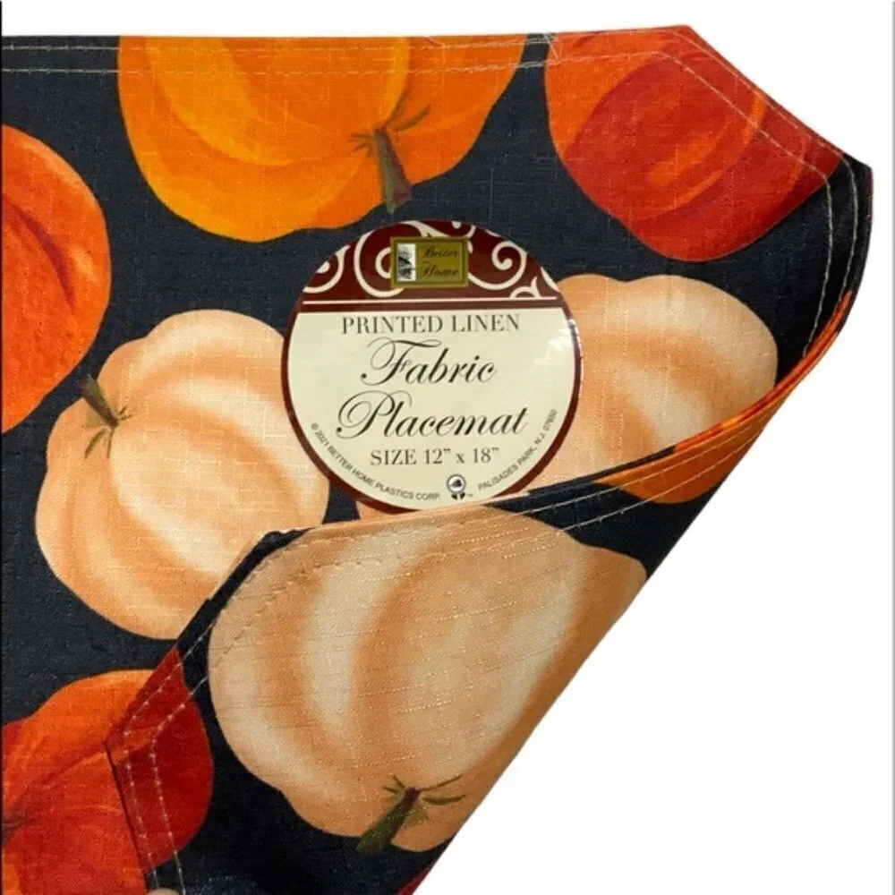 Pumpkin Linen Print Fabric Placemats Fall Autumn Halloween Seasons Set of 4